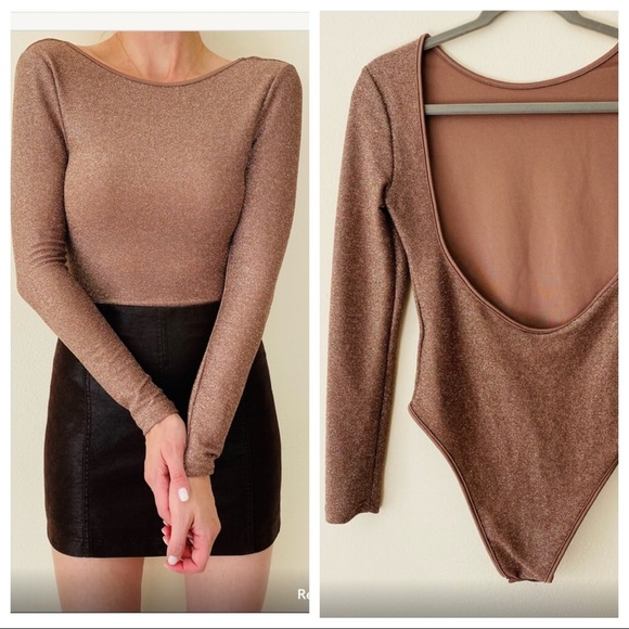 Shein METALLIC bronze STRETCH BODYSUIT open back BLOUSE SHIRT - Picture 5 of 15
